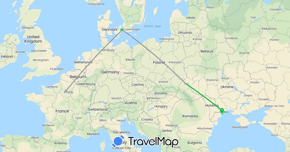 TravelMap itinerary: bus, plane in Denmark, France, Ukraine (Europe)